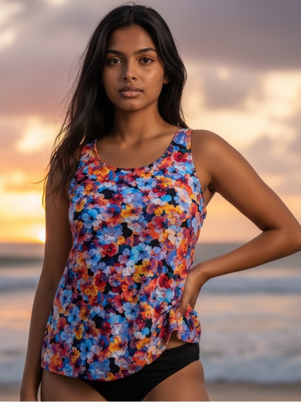 Xersion Multi-Color Floral Racerback with Adjustable Straps Tankini Top